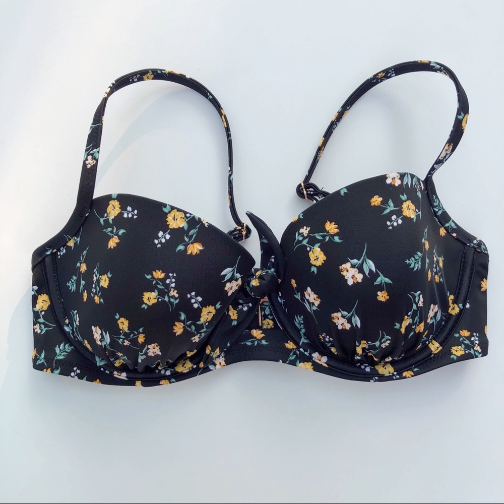 Shade & Shore Black Print Tie Front Bikini Top Adjustable Straps Sz 34C